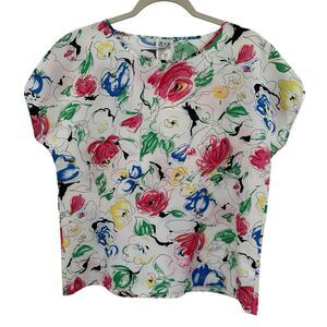 Vintage 80s Blouse Size 14 Floral Boxy Short Sleeve White Multi Feminine ART USA
